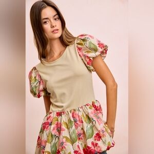 BiBi Floral Printed Bubble Sleeves and Hem Peplum Top